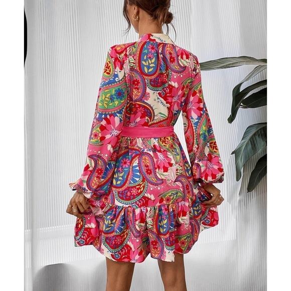 Boho Ladies Dress with Belt Paisley Pattern Lantern Sleeve Ruffle - Picture 3 of 8